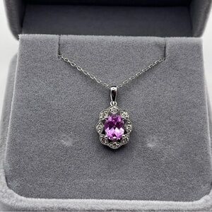 1.25 CT Oval Cut Pink Sapphire and .30 CT Diamond Necklace 925 Sterling Silver